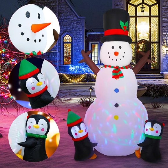 8FT Christmas Decorations Inflatable Snowman with Penguins & Colorful LED Lights - Picture 2 of 6